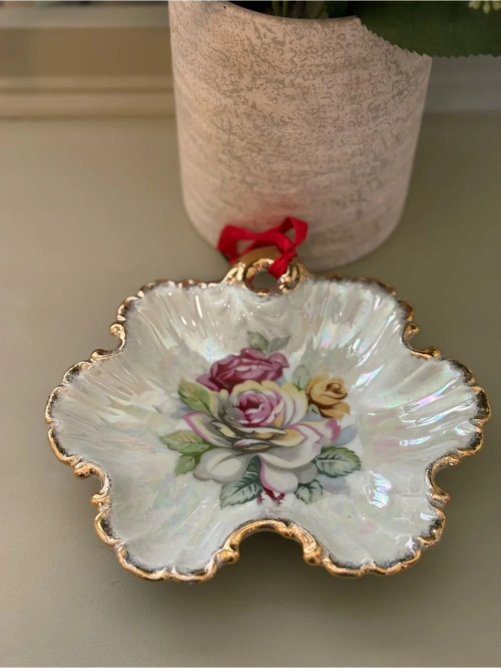 Vintage Iridescent Floral Porcelain Trinket Dish with Gold Trim - White